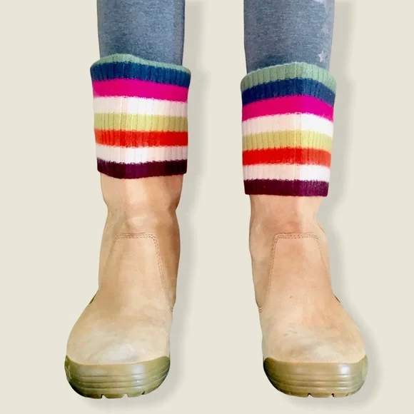 Coach Suede Leather Boots Tatum Multi Color Stripes Wool Cuff Womens 6.5 - Picture 2 of 8